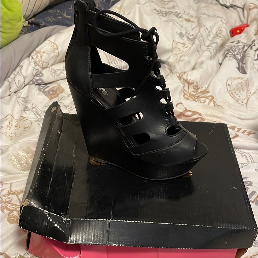 Black Wedge Heel Sandals